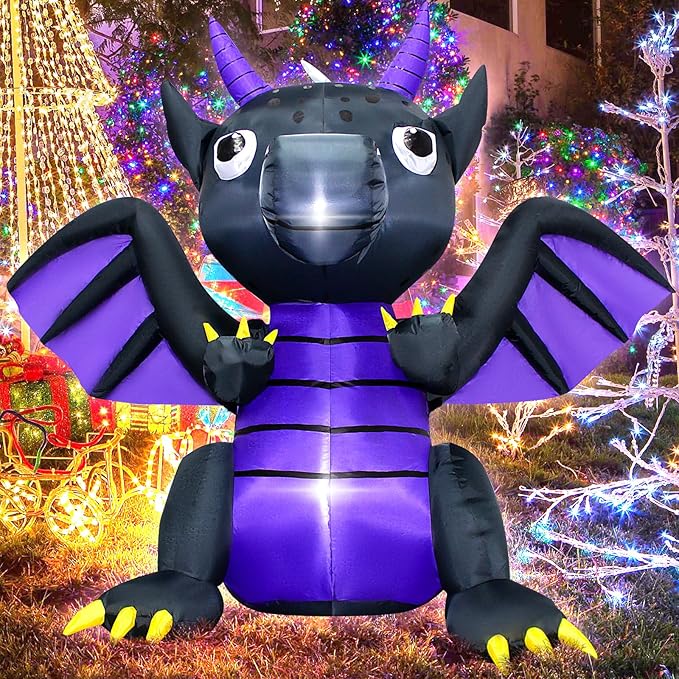 4FT Halloween Pterosaur Blow up Dinosaur Halloween Inflatable Black Purple Dragon Halloween Dragon Inflatable Decoration with LED Lights Outdoor Indoor Holiday Graden Yard Decor
