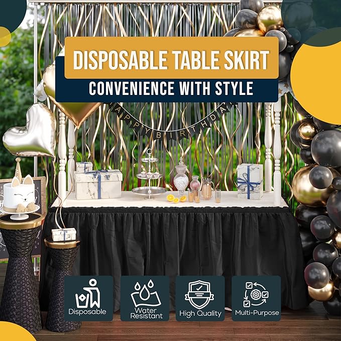 Exquisite Ruffle Table Skirt Black 48 Pack 14 Ft Long Table Skirts for Rectangle Tables 6ft Plus or Round Tables Skirts with Adhesive Strip for Gender Reveal Decor & Happy Birthday Parties