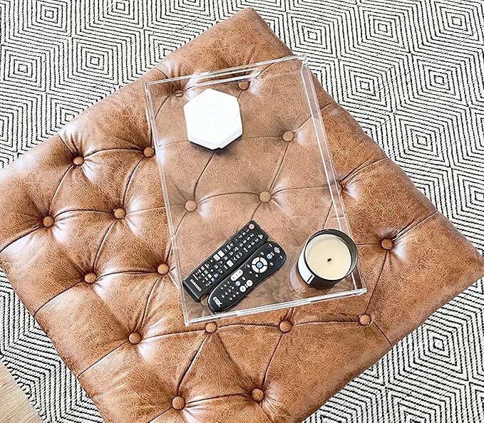 Durable Rectangular Breakfast Serving Tray - 5MM Thick Waterproof Acrylic Serving Platter with Handles for Coffee, Tea, Food - Elegant Decorative Tray (Clear Tray-16''x12'')