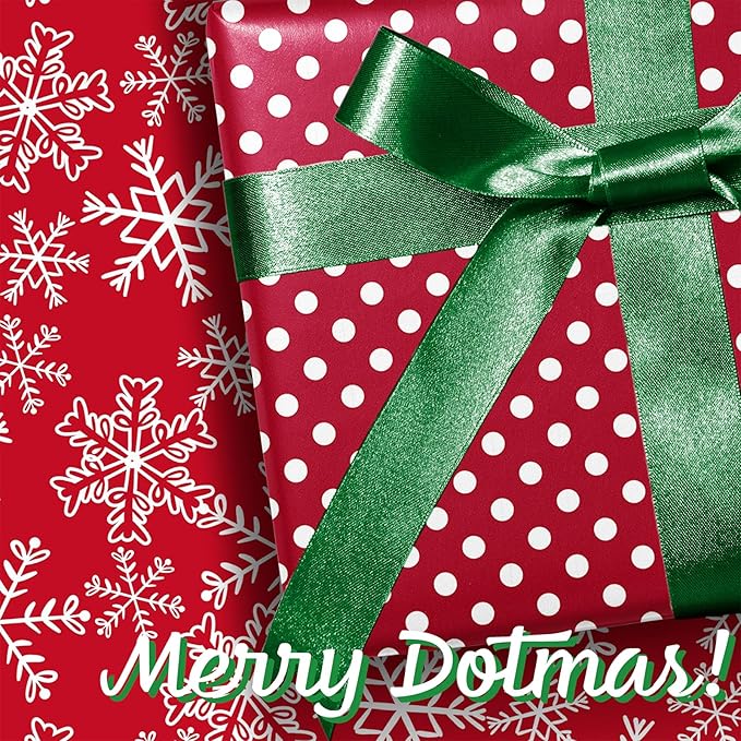 LaRibbons Reversible Christmas Wrapping Paper Roll, White Small Dots & Snow Flakes on Red Design, Classic Gift Wrap Paper for Xmas, Holiday Celebration, 17 Inch X 33 Feet