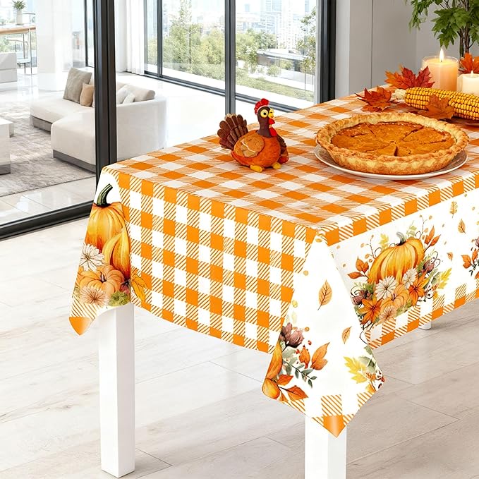 Mornajina 4Packs 108 x 54 Inch Thanksgiving Orange Gingham Tablecloth DisposableTable Cover Rectangle Plastic Table Cloth for Thanksgiving Table Decoration (Orange Gingham)