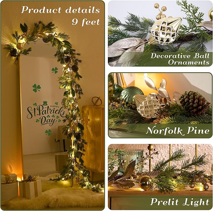 Decorbyhannah Green Gold Christmas Garland with Ornaments, 9ft Christmas Garland with Lights for Mantle, Battery Operated Xmas Garlands for Home Decorations