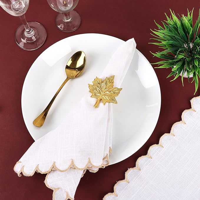 Set of 12 Maple Leaf Napkin Rings - Handcrafted Aluminum Napkin Holders for Cloth & Paper Napkins, Elegant Table Décor for Wedding Receptions Thanksgiving Christmas Holiday Parties (Gold) CLEENTABLE