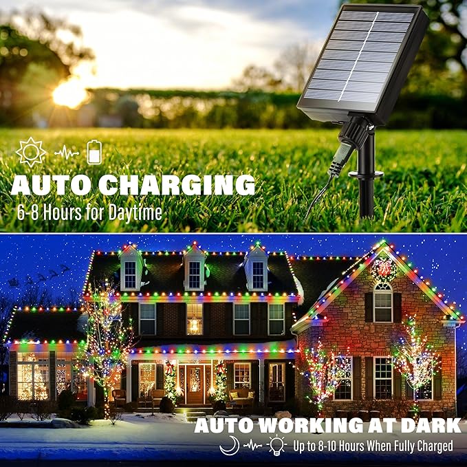 iBaycon Solar C9 Christmas Lights Outdoor, 65FT 100LED C9 Strawberry String Light, 8 Modes Solar Powered Lights String for Xmas Tree House Eaves Roof Christmas Holiday Decorations