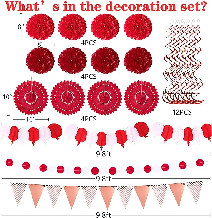Moon Boat 35PCS Party Decorations Paper Fan Hanging Set - Birthday,Wedding,Baby Shower,Circus,Festival Decor (Red)