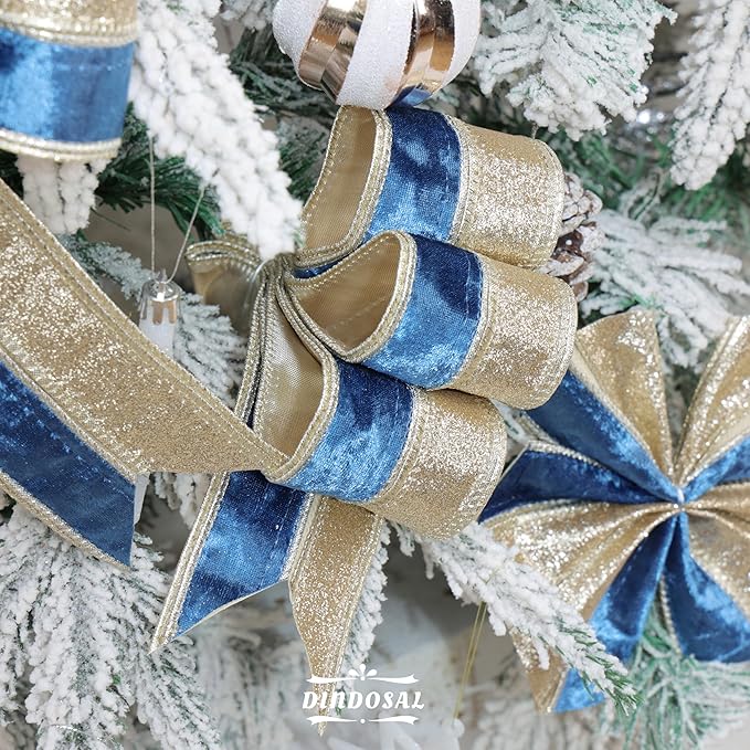 Navy Blue Velvet Wired Christmas Ribbon 2.5 Inch Blue and Gold Holiday Ribbon – 10-Yards Roll for Tree Decorations, Gift Wrapping, Wreaths, and DIY Crafts
