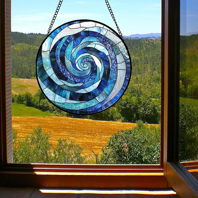 Stained Glass Window Hanging - Blue Abstract Swirl Suncatcher for Doors Garden Patio Unique Sun Catchers Decor Christmas Mother's Day Birthday Gifts for Women Men Mom Nana Friend 15 in