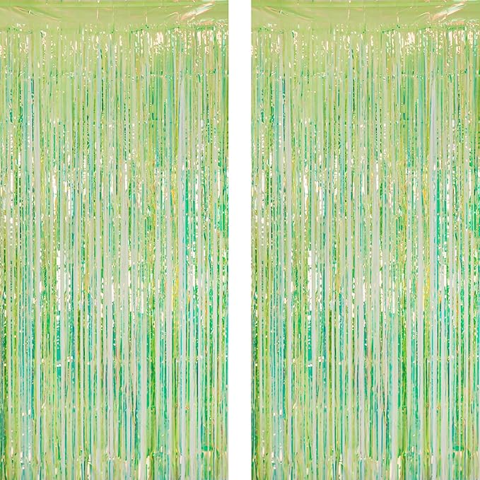 GREATRIL Holographic Tinsel Foil Fringe Curtain, 3.2 x 6.5 ft, Iridescent Party Streamers, 2 Pack (Green)