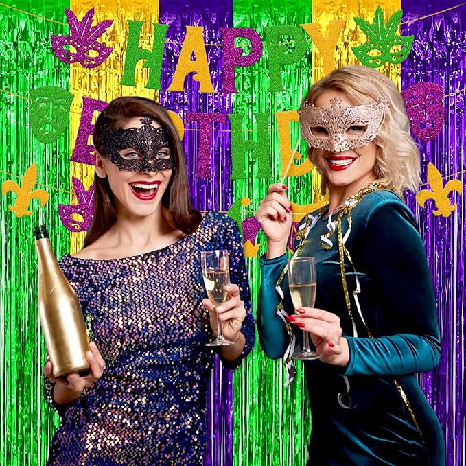 3 Pack Gold Green Purple Foil Fringe Curtains Backdrop, 3.28 x 6.6 Ft Metallic Streamers Tinsel Curtains Background for Photo Booth, Birthday, Halloween, Christmas, New Year Party Decorations