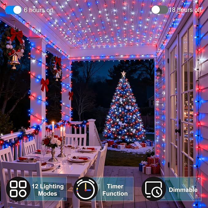 350LED 90FT Christmas Lights Indoor Outdoor, 12 Modes Red Blue and White Outdoor String Lights with Timer & Dimmable, Green Wire Christmas String Lights for Xmas Patio Yard Fence Bedroom Garden Decor