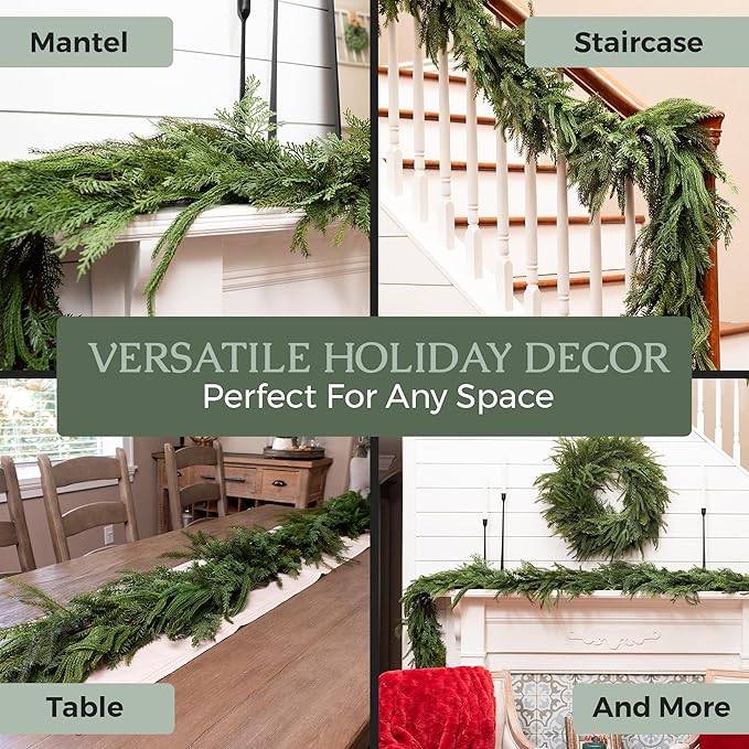 Mixed Norfolk Pine Garland with Evergreen, and Cedar Garland Artificial Realistic Greenery Branches for Decoration, Christmas Garland for Mantle, Premium Real Touch (6 Foot)