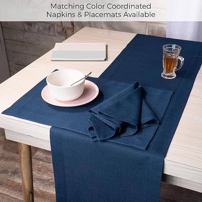 D'Moksha Homes Navy Blue Table Runner 14 x 36 Inch - Faux Linen Table Runner - Wrinkle Resistant, Machine Washable Ideal for Dresser, Coffee Tables, Thanksgiving - 100% Recycled Fabric