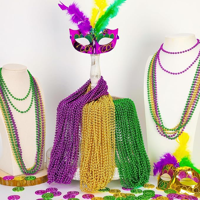 72PCS Mardi Gras Beads Throws, Mardi Gras Green Purple Gold Metallic Beads Necklaces Accessories Bulk, Mardi Gras Beads Necklace Costumes for Parade Throws Party Decorations Favor Supplies