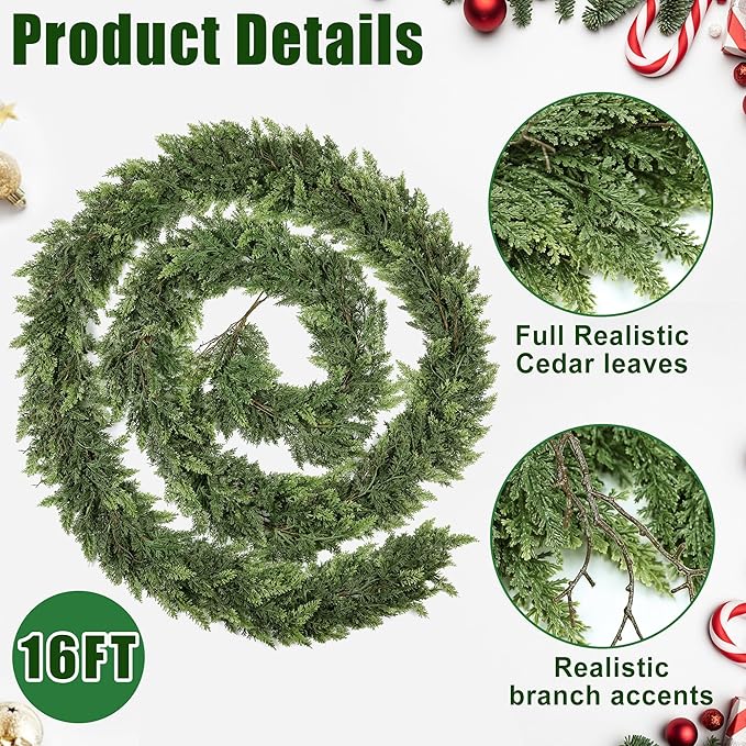 16ft Christmas Garland Realistic Soft and Thickness Green Faux Cedar Pine Garland Artificial Cedar Cypress Garland for Home Fireplace Wall Indoor Outdoor Holiday Party Home Decoration