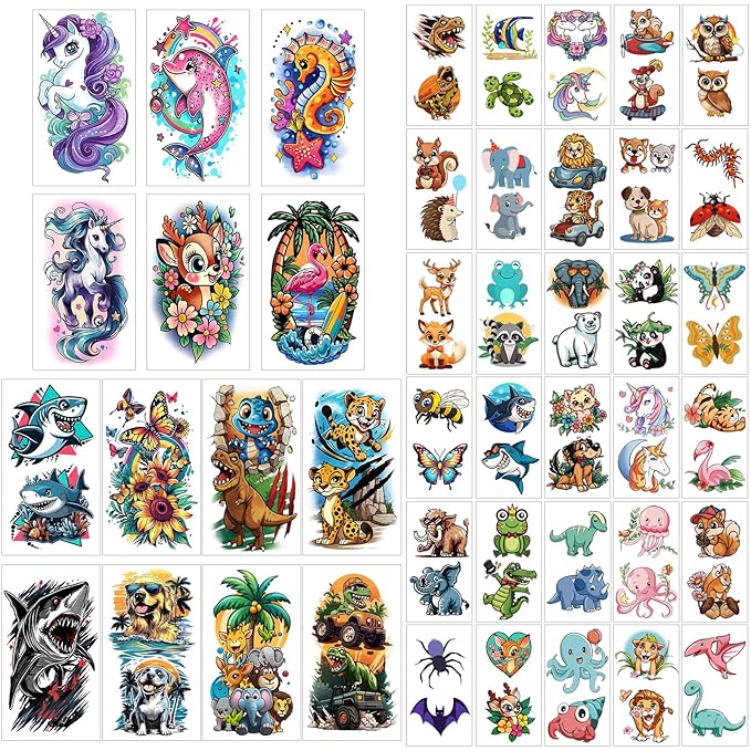 52 Sheets Temporary Tattoos for Kids, Full Arm Sleeve Fake Tattoos for Boys Girls Birthday Party Favors, Waterproof Tattoos with Unicorn Lion Tiger Shark Butterfly Dinosaurs Patterns