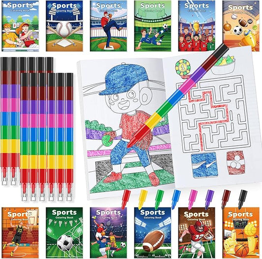 BenLouis 24 Sports Mini Coloring Books Kids with 24 Stacking Crayons Sports Party Favors Activity Books Bulk for Kids Boys Sports Birthday Goodie Bag Gift Stuffer Classroom Reward