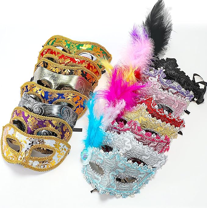 Sratte 16 Pcs Couple Masquerade Mask with Feather Flower Unisex Half Face Venetian Mask for Mardi Gras Party (Feather)
