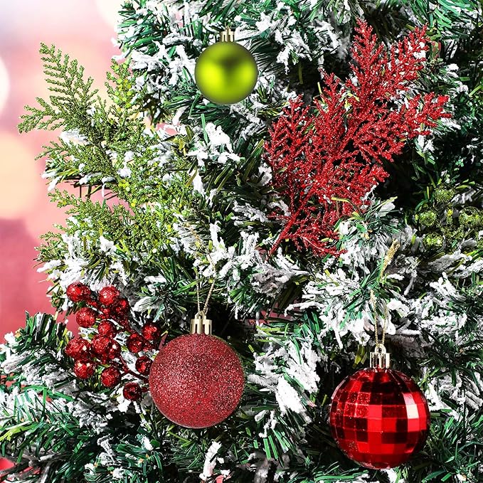 Sratte 94 Pcs Christmas Tree Decorations Set, Christmas Tree Ball Ornaments Glitter Poinsettia Flowers Decorations Glitter Berries Stems for Xmas Holiday Wedding(Green,Red)