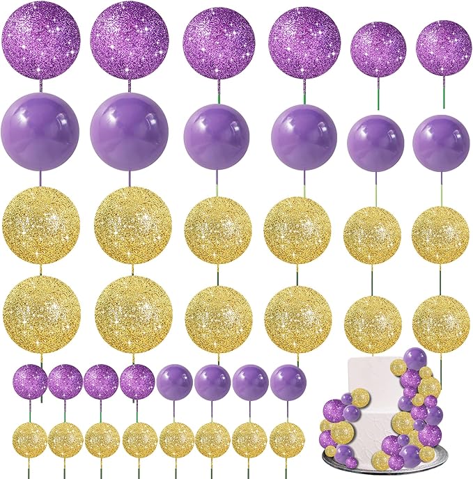 BEISHIDA 40 Pcs Ball Cake Toppers Mini Balls Cake Decorations Purple Gold Foam Balls DIY Cake Topper for Baking Congrats Grade 2025 Graduation Birthday Mardi Gras Lakers Decorations (Purple Gold)