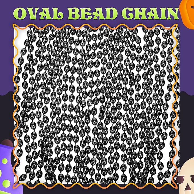 Riceshoot 200 Pcs Black Bead Necklace Bulk Mardi Gras Oval Beads Necklace Party Favors 33" 7mm Metallic Color Beaded Costume Necklaces for Halloween Christmas Festive Event Accessories