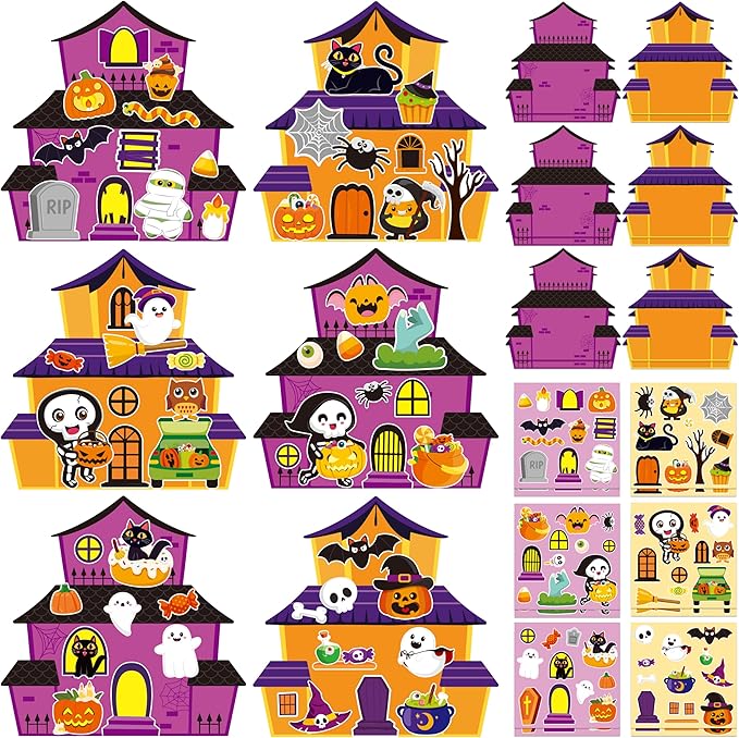 CY2SIDE Halloween Haunted House Stickers Scene - 12 Set Make A Haunted House Sticker Scene Craft Kits for Kid Make Your Own Halloween House Scene with Witch Sticker DIY Halloween Craft Class Activity
