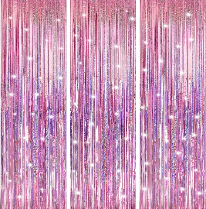 Crosize 3 Pack 3.3 x 9.9 ft Pink Foil Fringe Backdrop Curtain, Streamer Backdrop Curtains, Streamers Birthday Party Decorations, Tinsel Curtain for Parties, Galentines Decor, Preppy, Photo Booth