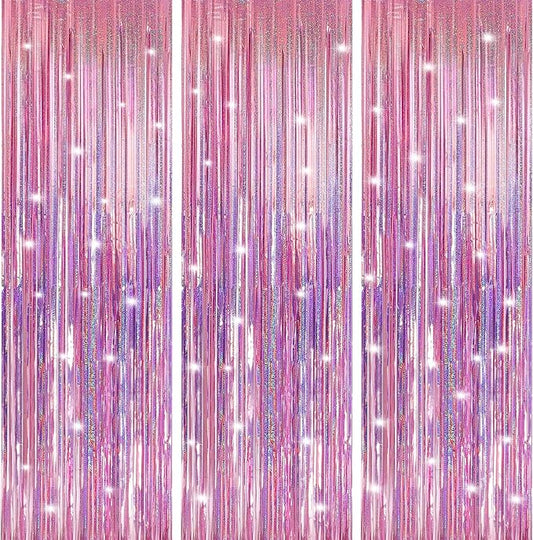 Crosize 7 Pack 3.3 x 9.9 ft Laser Pink Foil Fringe Backdrop Curtain, Streamer Backdrop Curtains, Streamers Birthday Party Decorations, Tinsel Curtain for Parties, Galentines Decor, Preppy, Photo Booth