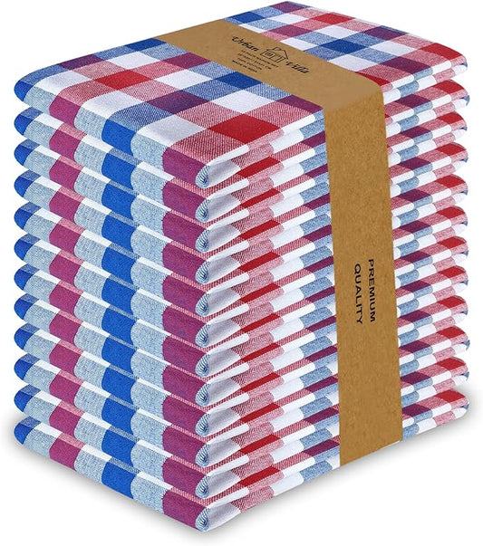 Urban Villa July 4th Cloth Napkins Red/Blue/White Dinner Napkins 100% Cotton (Set of 12) 20x20 Inches Buffalo Checks Highly Absorbent Soft Durable Reusable & Washable Table Dinner Napkins