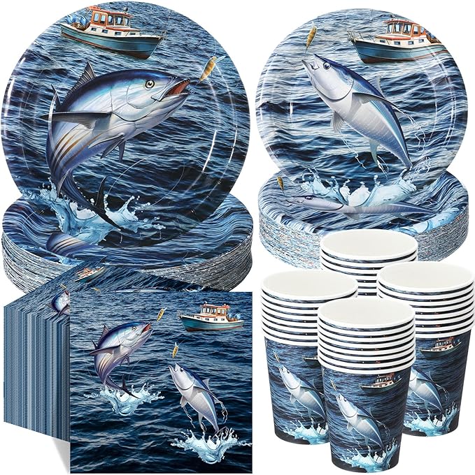 250 Pcs Gone Fishing Party Decoration Fishing Paper Plates Napkins and Cups Party Disposable Tableware Set for Fish Themed Tournament Fisherman Ofishally One Birthday Decorations, Serves 50