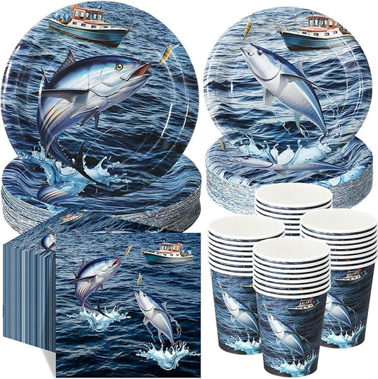 250 Pcs Gone Fishing Party Decoration Fishing Paper Plates Napkins and Cups Party Disposable Tableware Set for Fish Themed Tournament Fisherman Ofishally One Birthday Decorations, Serves 50