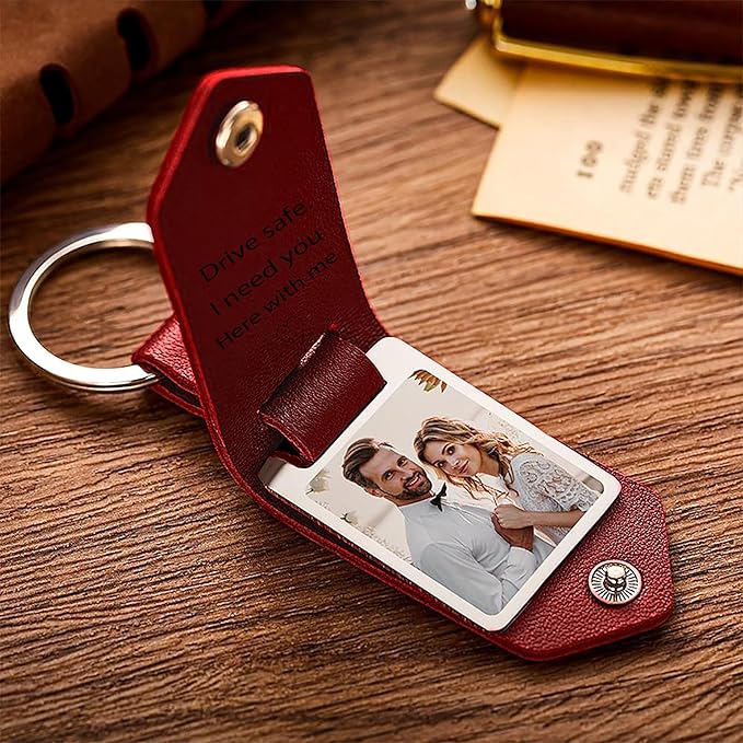 Personalized Photo/Text Leather Keychain for Men Womens Custom Picture Key Chains Memorial Gifts for Family Lover
