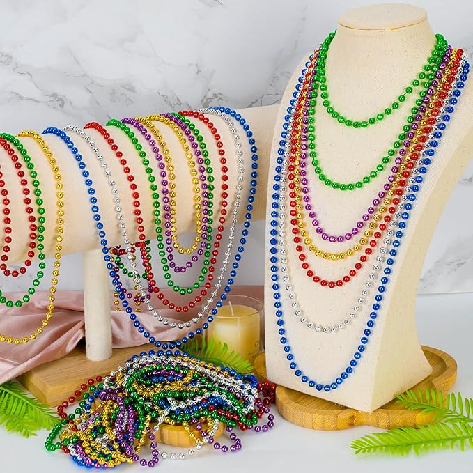 24 PCS Mardi Gras Beads, 33" Assorted Colors Carnival Beaded Necklaces, 6 Colors Bead Necklace Party Supplies, Round Beaded Costume Necklaces for Festive Event Accessories Parade Throws Favors