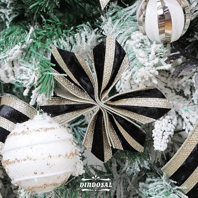 Black Velvet Wired Ribbon with Champagne Glitter Stripe 2.5 Inch Crushed Velvet Christmas Ribbon, 10 Yards for Gift Wrapping, Crafts, Christmas Tree Decorations, Wreath Supplies, Garlands