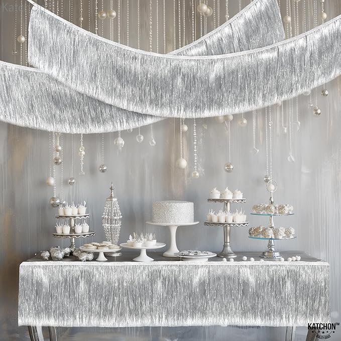 KatchOn, XtraLarge Silver Fringe Banner - 6.5 Feet, Pack of 2 | Fringe Garland for Party Prom Decorations 2025 | Silver Banner for Graduation Decorations 2025