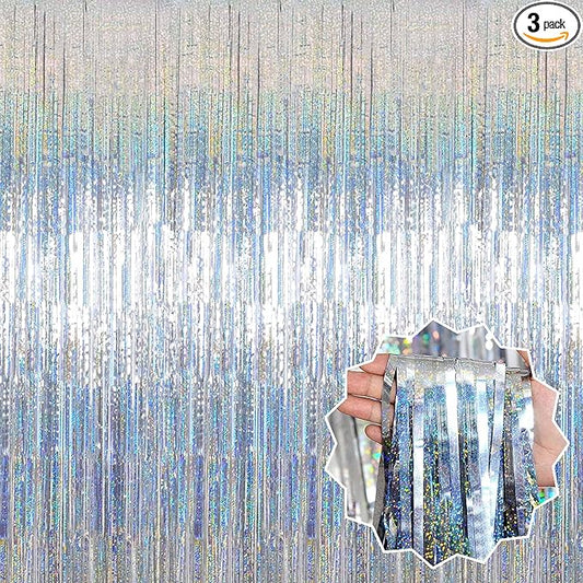 3 Pack Silver Foil Fringe Curtains Backdrop, 3.28 x 8.2 Ft Metallic Streamers Tinsel Curtains Background for Photo Booth, Birthday, Christmas, Halloween, Thanksgiving, New Year Party Decorations