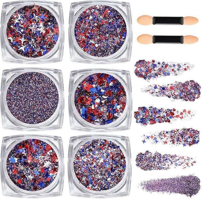 Teenitor Body Glitter Gel, 6 Shape Red White and Blue Face Glitter, 4th of July Accessories Hair Glitter for Kids, 4th of July Outfits USA Accessories for Women, Blue Face Glitter for Independence Day