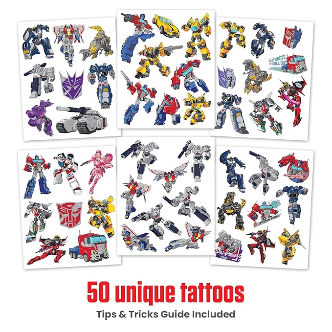 Transformers Temporary Tattoos for Kids (50 pack). Made in the USA w Certified Safe Ink. Birthday Party Supplies and Party Favors Kit. Bulk Temporary Tattoos Stickers Set for Girls and Boys.