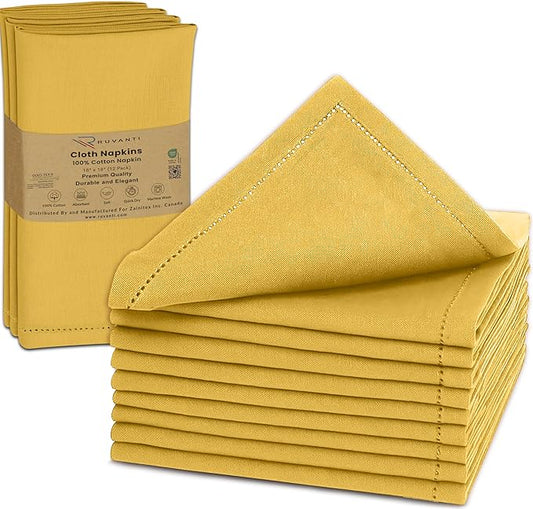 Ruvanti Cloth Napkins - 100% Cotton Dinner Napkins, Hem Stitched Corners, 18x18 Inch, 12 Pack - Soft, Absorbent, Durable, Reusable, Wrinkle Resistant for Formal Dining & Everyday Use - Spicy Mustard