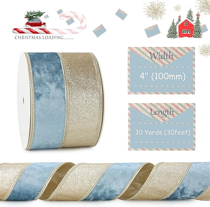 Dusty Blue Velvet Wired Christmas Ribbon 4 Inch Extra Wide Thick Blue and Gold Glitter Holiday Ribbon – 10-Yards Roll for Tree Decorations, Gift Wrapping, Wreaths, and DIY Crafts
