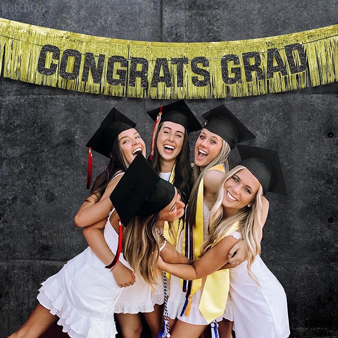 KatchOn, Congrats Grad Banner Gold Set - 6.5 Feet | Black and Gold Graduation Decorations 2025 | Gold Foil Fringe Curtain, Congrats Grad Sign For Backdrop | gold Fringe Backdrop