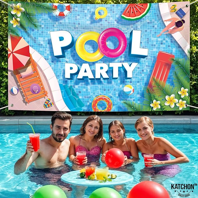 KatchOn, XtraLarge Pool Party Backdrop - 72x44 Inch | Pool Party Banner for Pool Party Decorations | Summer Backdrop for Summer Party Decorations | Pool Party Birthday Decorations, Pool Party Sign