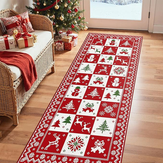 Christmas Runner Rug 3x7 Washable Rug for Hallway Kitchen Bedroom, Christmas Home Decor, Holiday Print Carpet, Low Pile Mat with Non Slip Backing, Red White Checkerboard