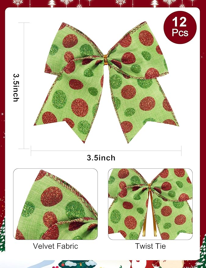 SIMISI RIBBON Christmas Tree Bows Wreaths Graland Xmas Party Decorations Red Green Polka Dot Ornaments (6 * 6 Inches, 12 Pcs)