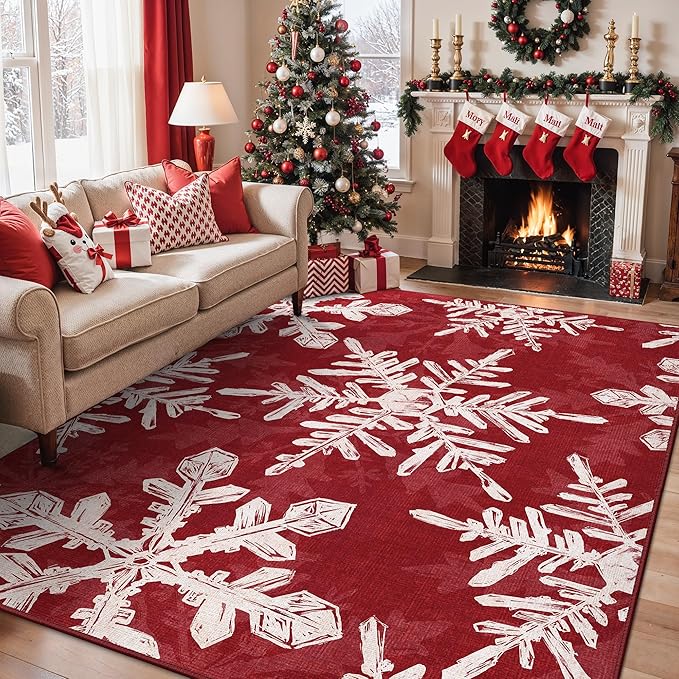 Christmas Area Rug 8x10 for Living Room, Washable Rug for Bedroom, Christmas Home Decor, Holiday Print Carpet, Low Pile Non Slip Mat with Rubber Backing, Snowflake