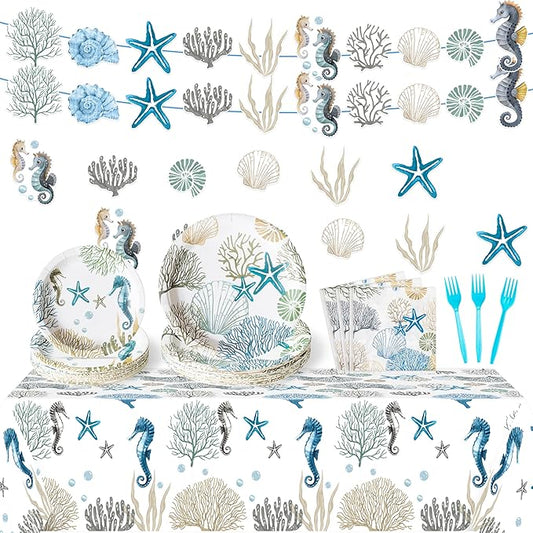 Ocean Seashell Party Decoration - Serves 24 - 112Pcs Nautical Coastal Beach Summer Party Supplies, Starfish Coral Disposable Plate Napkin Forks Tablecloth Banner Card, for Birthday Baby Shower