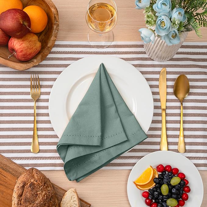 Blue Needles Set of 12 Hemstitch Linen Napkins 100% Cotton Hunter Green Cloth Dinner Napkins 18x18 inches, Soft, Reusable Absorbent Washable, Ideal for Fall Thanksgiving Events, Parties & Everyday Use