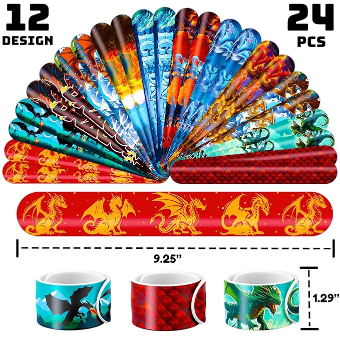 72PCS Dragon Party Set | 48PCS Temporary Pre-cut Tattoos & 24PCS Slap Bracelets Fun Fantasy Themed Birthday Supplies, Baby Shower Gifts, Classroom Rewards & Party Decor for Kids (Boys & Girls)