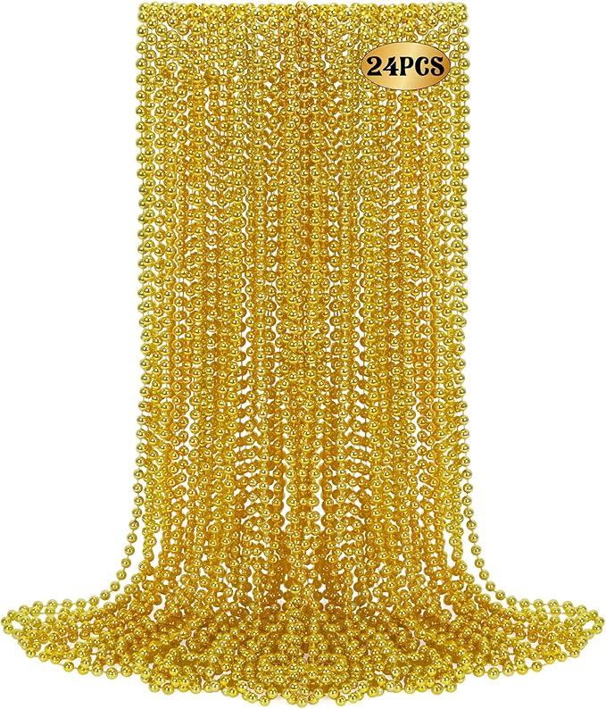 24 PCS Gold Bead Necklace, 33" Mardi Gras Beads Bulk, Mardi Gras Beaded Necklace Accessories, Round Necklaces Parade Throw Beads for Carnival Party Supplies Wedding Birthday