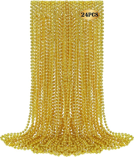 24 PCS Gold Bead Necklace, 33" Mardi Gras Beads Bulk, Mardi Gras Beaded Necklace Accessories, Round Necklaces Parade Throw Beads for Carnival Party Supplies Wedding Birthday