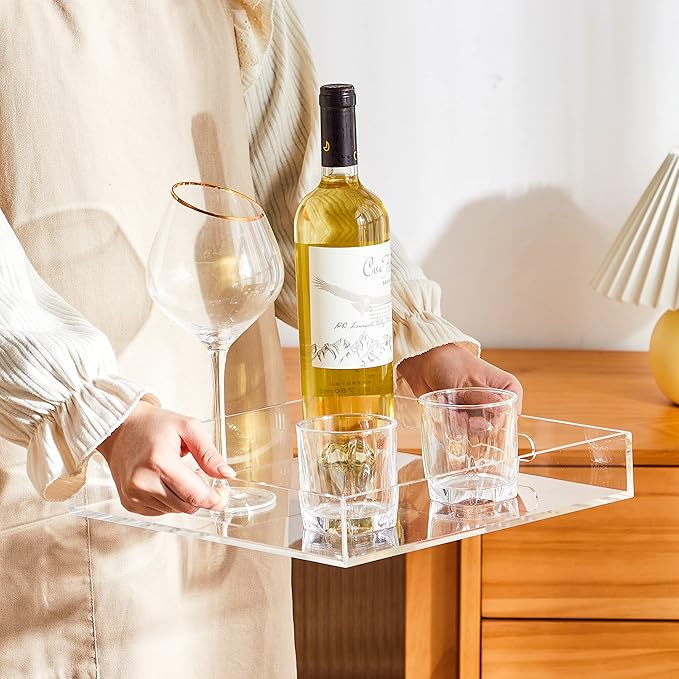 Clear Sturdy Acrylic Serving Tray with Handles 12x12x2H Inches -Spill Proof- Decorative Trays Countertop Organizer for Ottoman Coffee Table Nightstand, sidetable, Breakfast, Tea, Food